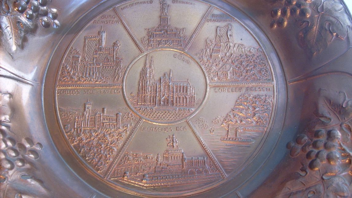 Antique souvenir plate Köln Art Noveau copper dome dish  